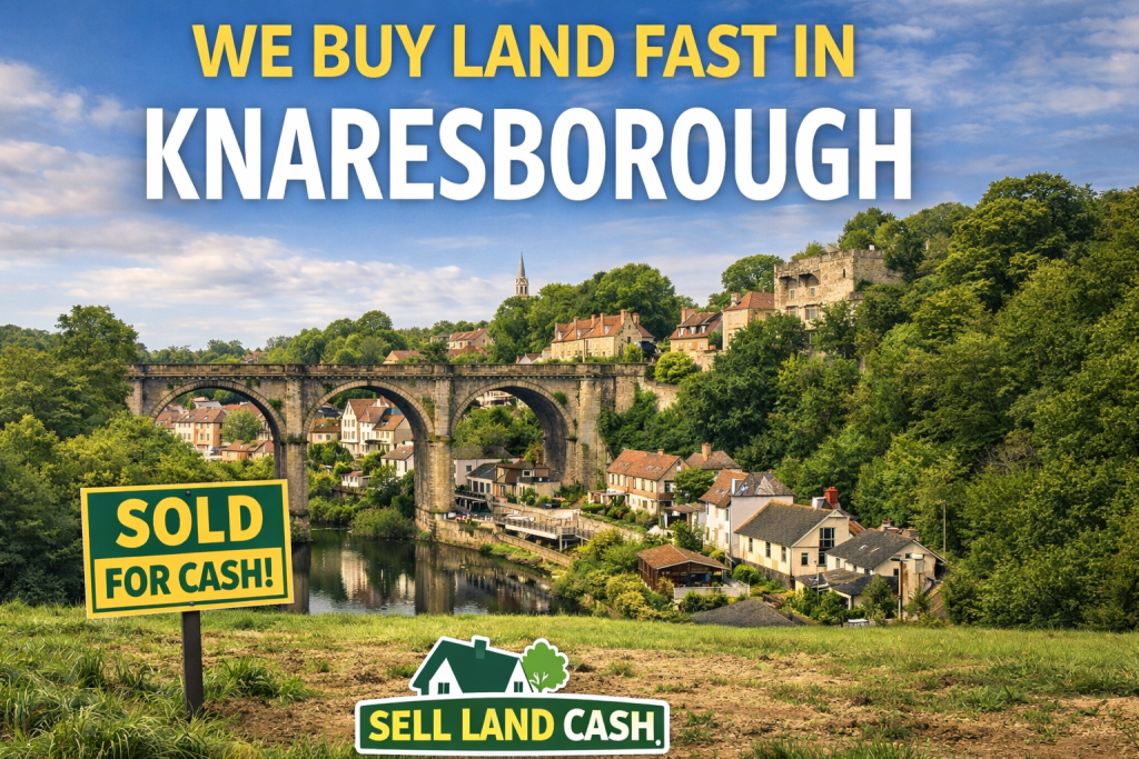 Scenic view of Knaresborough with stone viaduct over the River Nidd and a 'Sold for Cash' sign on a grassy plot, representing fast land sales.