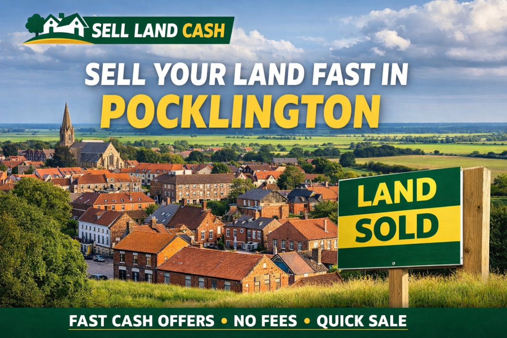 Sell land fast in Pocklington Yorkshire with cash buyers land sold sign and countryside view