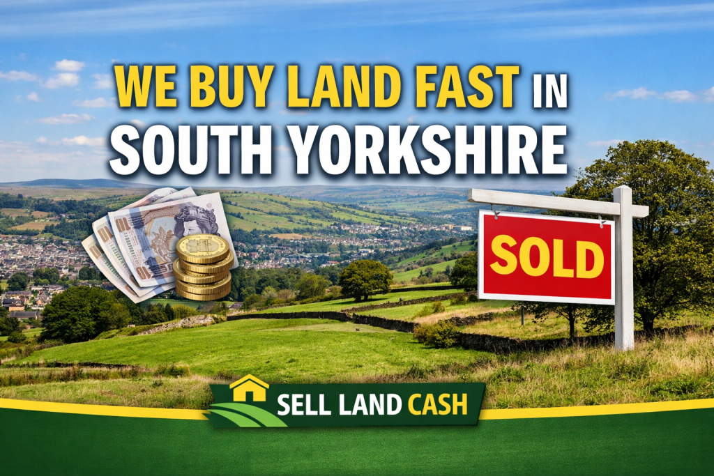 Land for sale in South Yorkshire showing a mix of rural fields and residential development areas