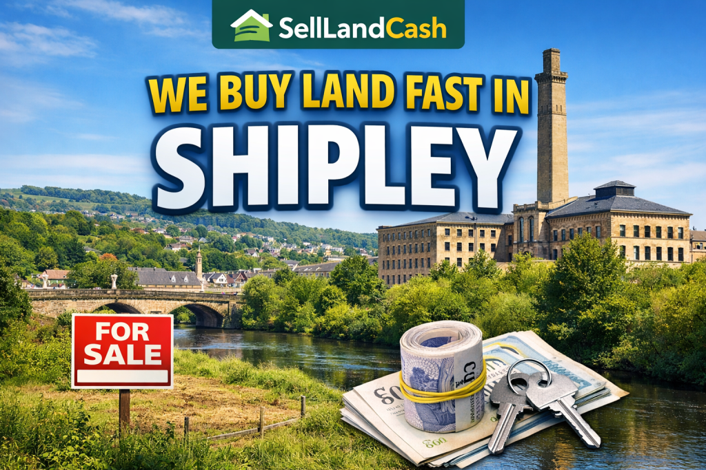Sell Land Fast in Shipley – UK land for sale with cash offer, showing Shipley townscape, Salts Mill chimney, green plot, and cash with keys.