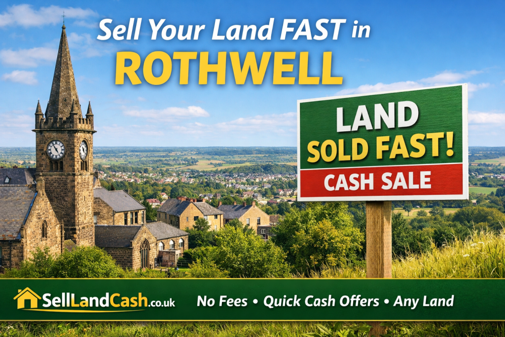 A view of Rothwell, West Yorkshire, showing a plot of land with a “LAND SOLD FAST! CASH SALE” sign, highlighting fast land sales with Sell Land Cash.