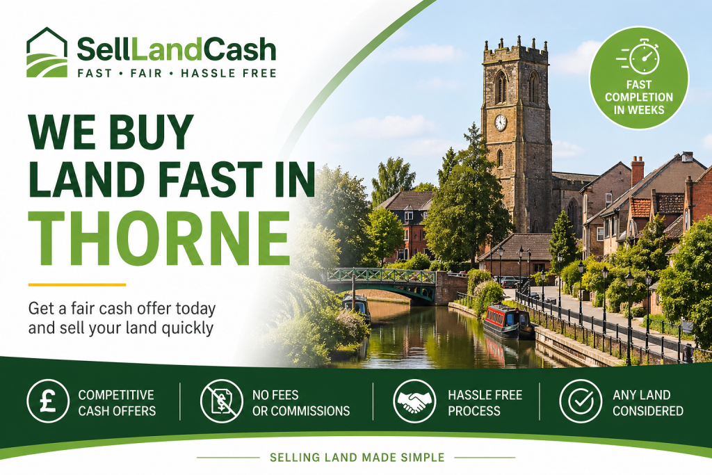 Sell Land Fast in Thorne β Cash land buying service by Sell Land Cash featuring Thorne town skyline and fast property sale message