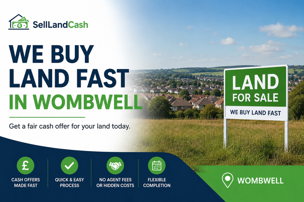 We Buy Land Fast in Wombwell banner showing SellLandCash branding with countryside land for sale and cash buyer message